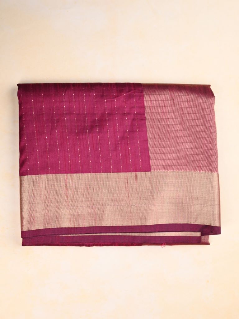 Jute fancy saree pink color allover stripes & kaddi border with short pallu and attached plain blouse