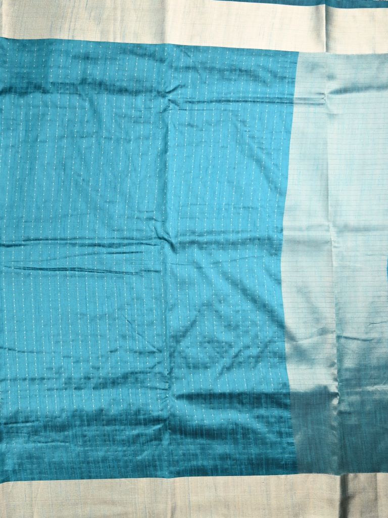 Jute fancy saree cyan blue color allover stripes & kaddi border with short pallu and attached plain blouse