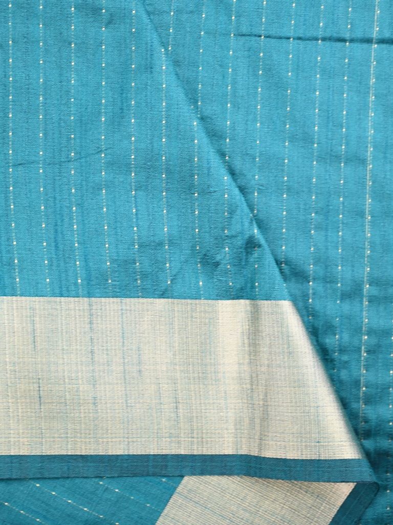 Jute fancy saree cyan blue color allover stripes & kaddi border with short pallu and attached plain blouse