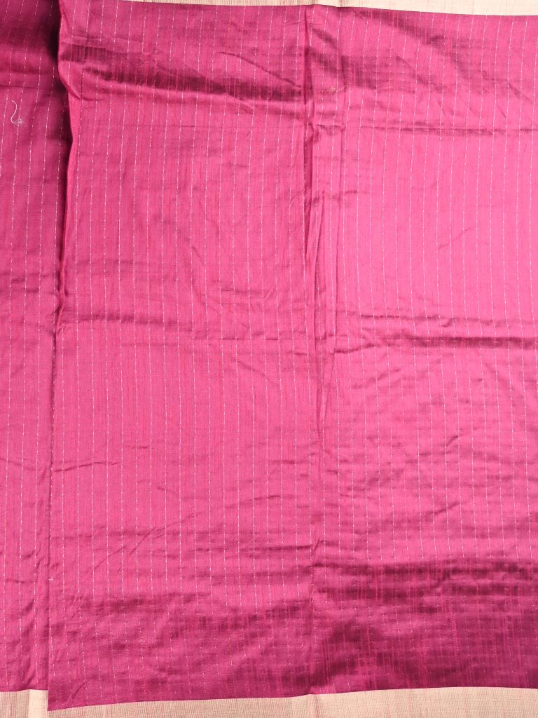 Jute fancy saree pink color allover stripes & kaddi border with short pallu and attached plain blouse