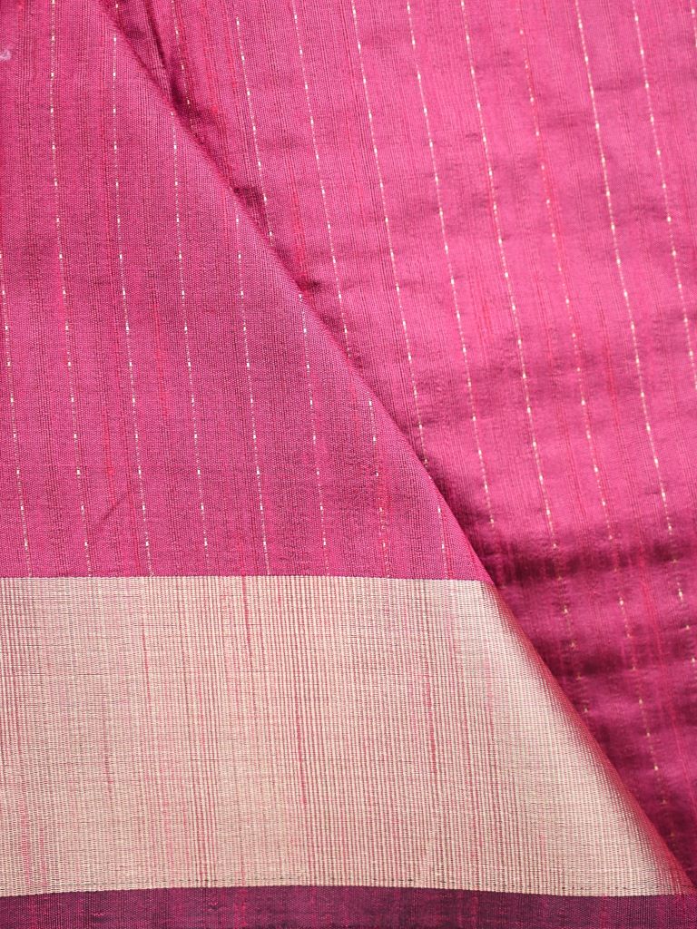 Jute fancy saree pink color allover stripes & kaddi border with short pallu and attached plain blouse