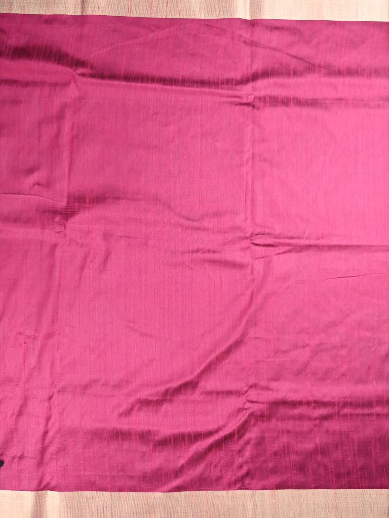 Jute fancy saree pink color allover stripes & kaddi border with short pallu and attached plain blouse