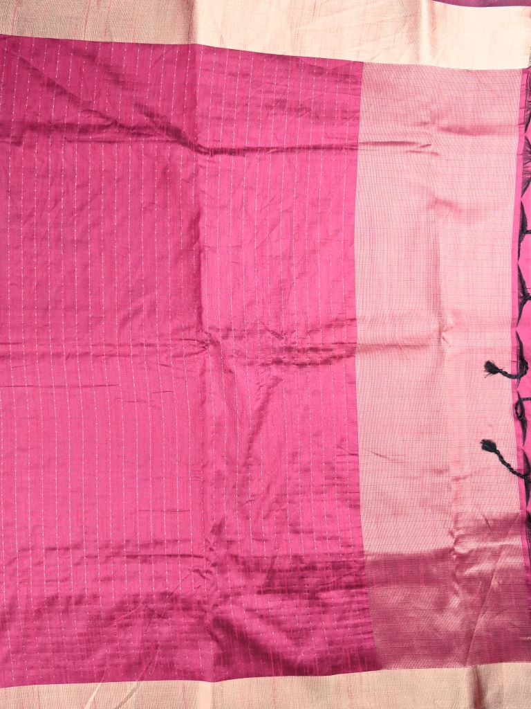 Jute fancy saree pink color allover stripes & kaddi border with short pallu and attached plain blouse