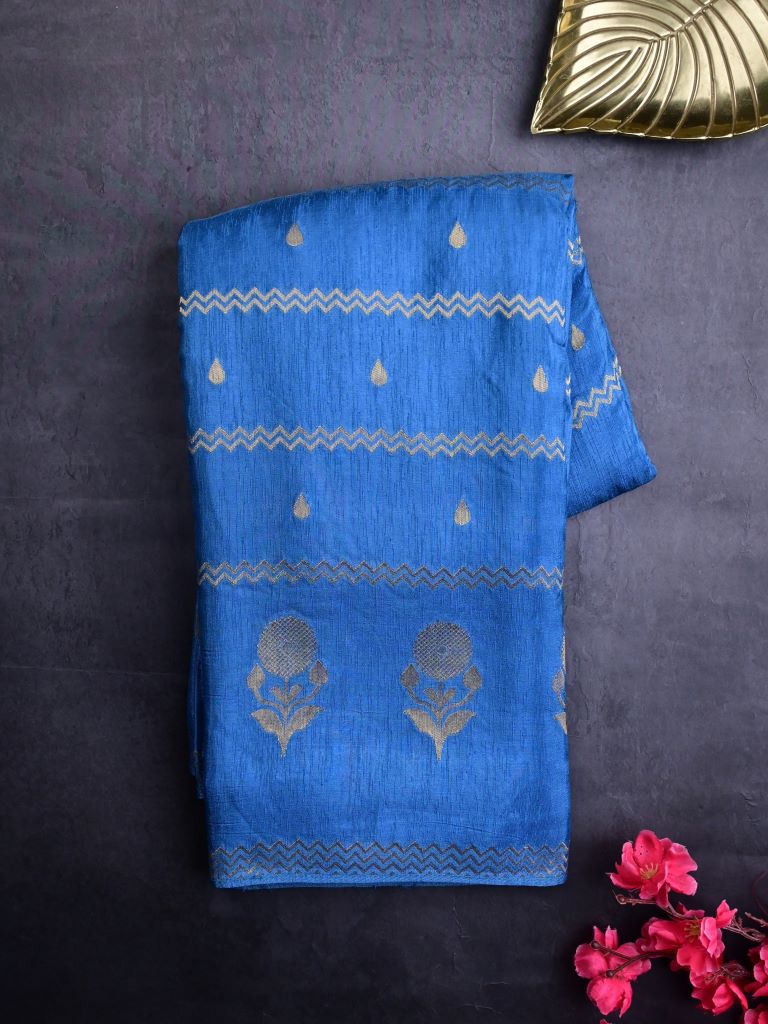 Matka kadhi fancy saree sky blue color allover zari stripes with motifs & zari border with short pallu and plain self blouse