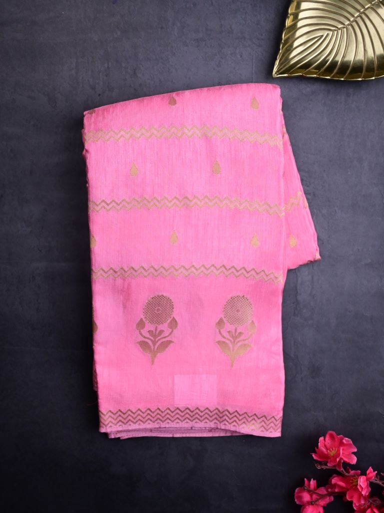 Matka kadhi fancy saree baby pink color allover zari stripes with motifs & zari border with short pallu and plain self blouse