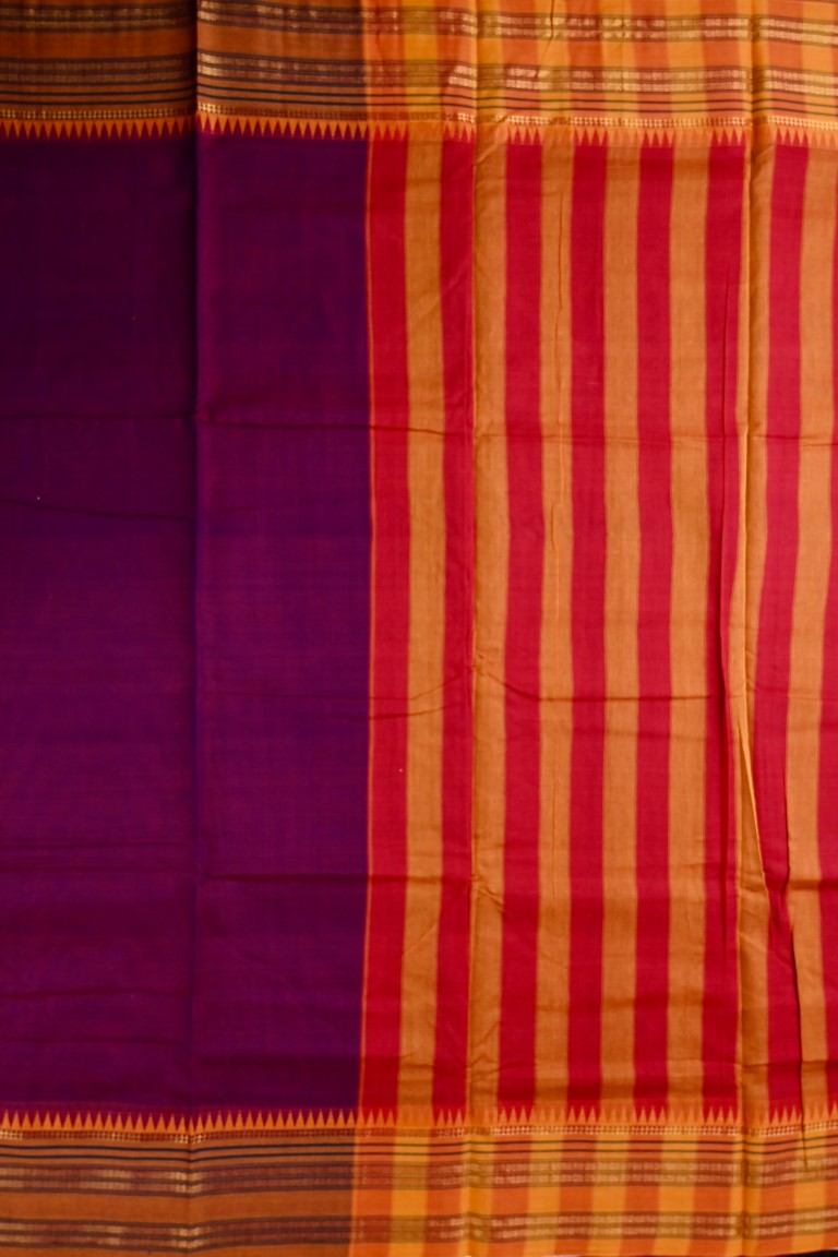 Narayanpet cotton saree purple color with contrast zari border, short pallu and plain blouse.