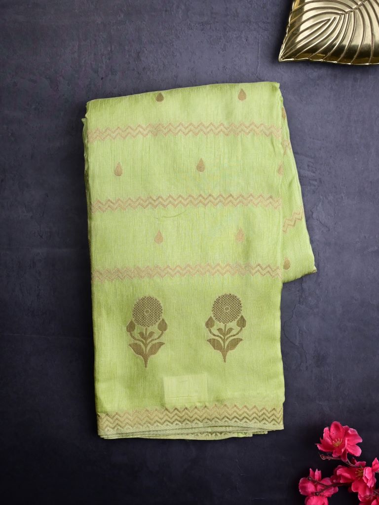 Matka kadhi fancy saree light pista green color allover zari stripes with motifs & zari border with short pallu and plain self blouse