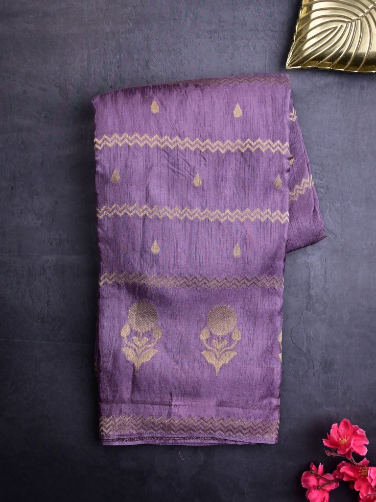 Matka kadhi fancy saree light purple color allover zari stripes with motifs & zari border with short pallu and plain self blouse