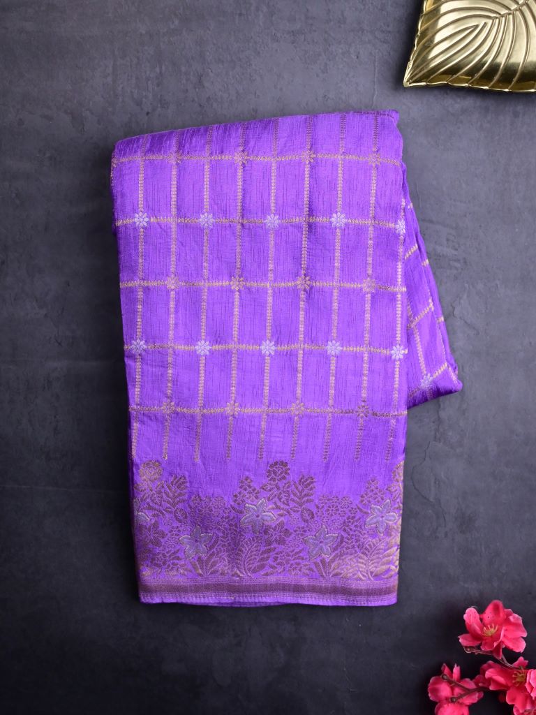 Matka kadhi fancy saree lavender color allover zari checks with motifs & zari border with short pallu and plain self blouse