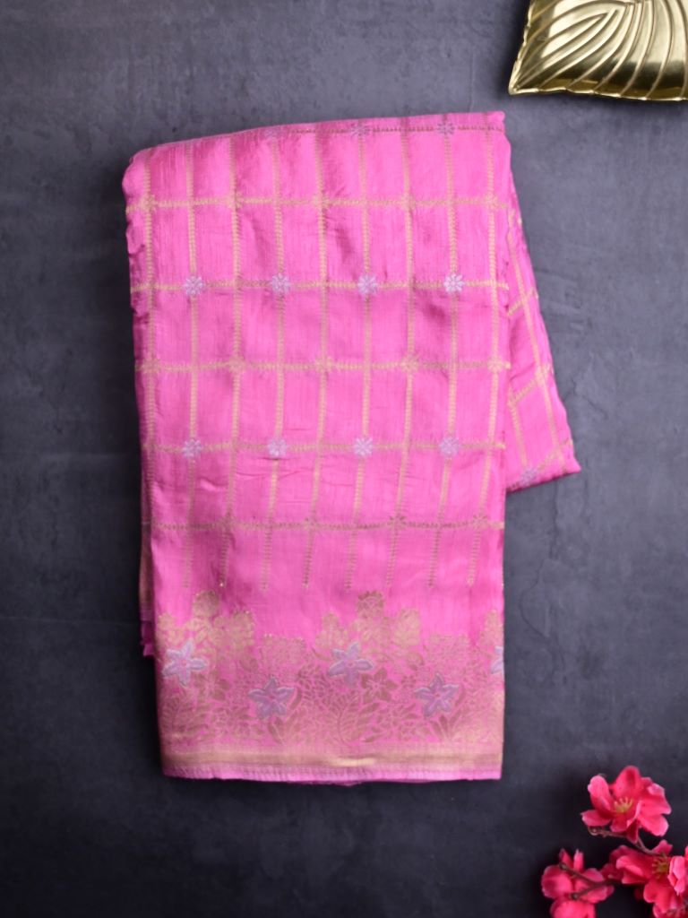 Matka kadhi fancy saree baby pink color allover zari checks with motifs & zari border with short pallu and plain self blouse