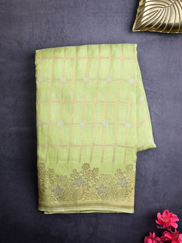 Matka kadhi fancy saree pista green color allover zari checks with motifs & zari border with short pallu and plain self blouse