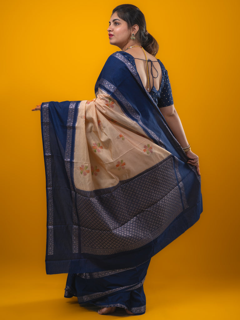 Banaras fancy saree ligh peach color allover zari motifs & kaddi border with contrast brocade pallu and brocade blouse