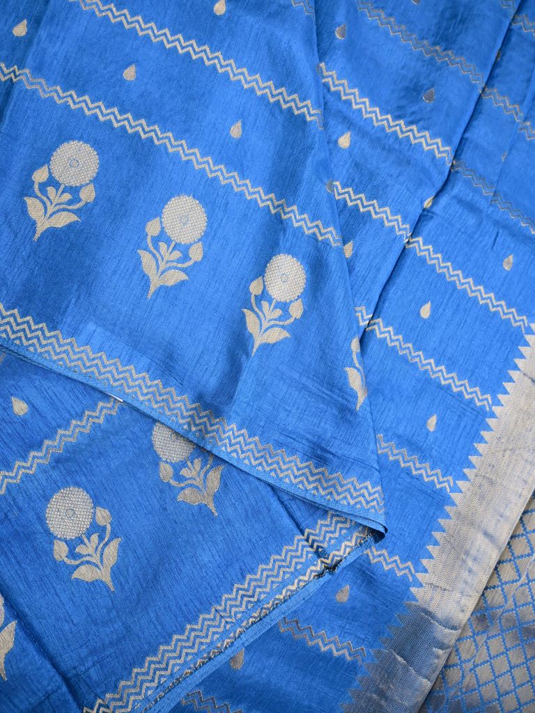 Matka kadhi fancy saree sky blue color allover zari stripes with motifs & zari border with short pallu and plain self blouse