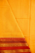 Narayanpet cotton saree yellow color with contrast zari border, short pallu and plain blouse.