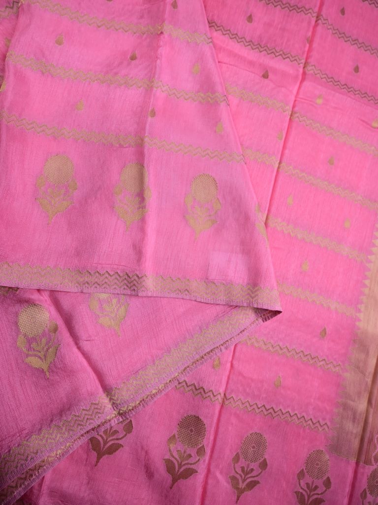 Matka kadhi fancy saree baby pink color allover zari stripes with motifs & zari border with short pallu and plain self blouse