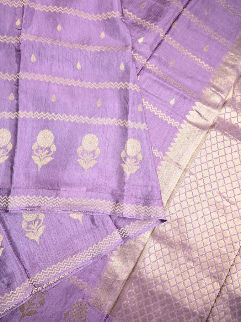 Matka kadhi fancy saree light purple color allover zari stripes with motifs & zari border with short pallu and plain self blouse