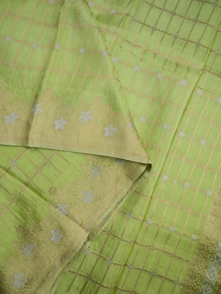 Matka kadhi fancy saree pista green color allover zari checks with motifs & zari border with short pallu and plain self blouse