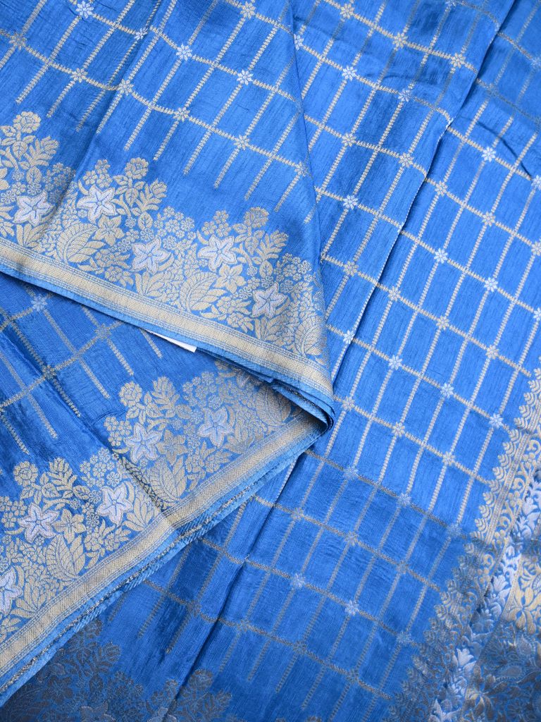 Matka kadhi fancy saree sky blue color allover zari checks with motifs & zari border with short pallu and plain self blouse