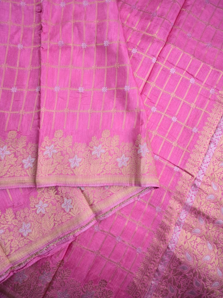 Matka kadhi fancy saree baby pink color allover zari checks with motifs & zari border with short pallu and plain self blouse