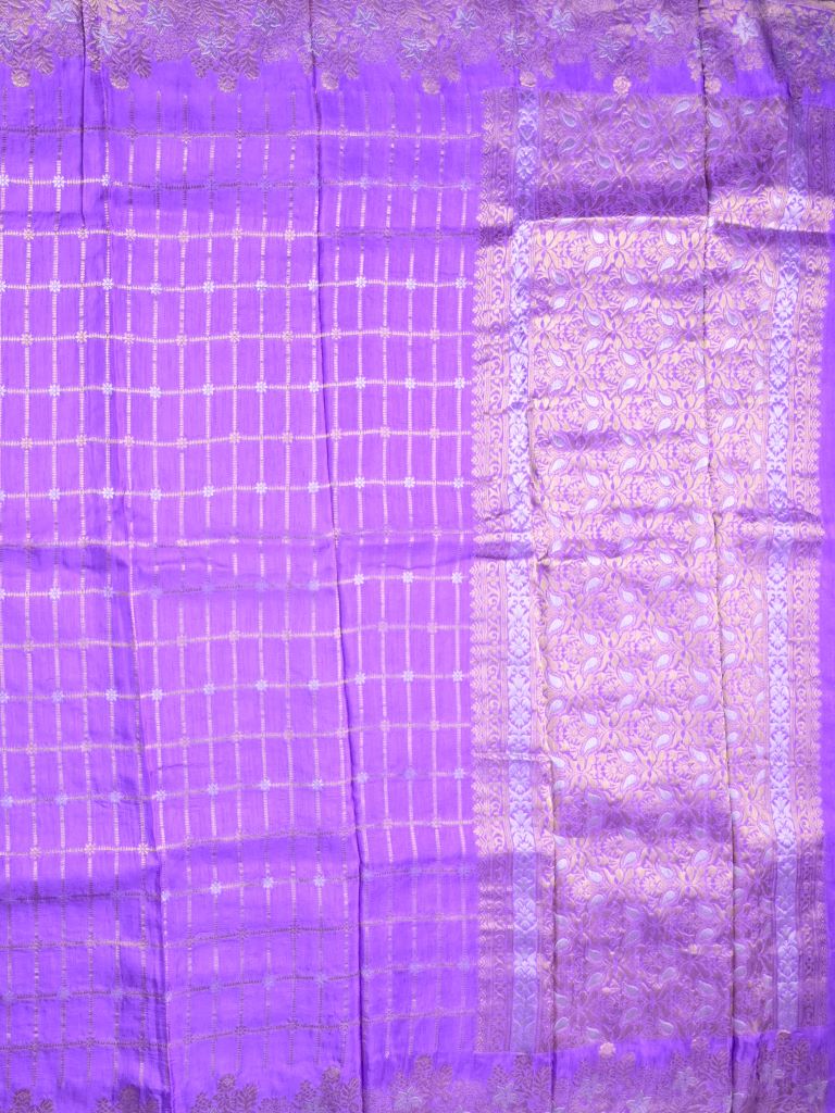 Matka kadhi fancy saree lavender color allover zari checks with motifs & zari border with short pallu and plain self blouse