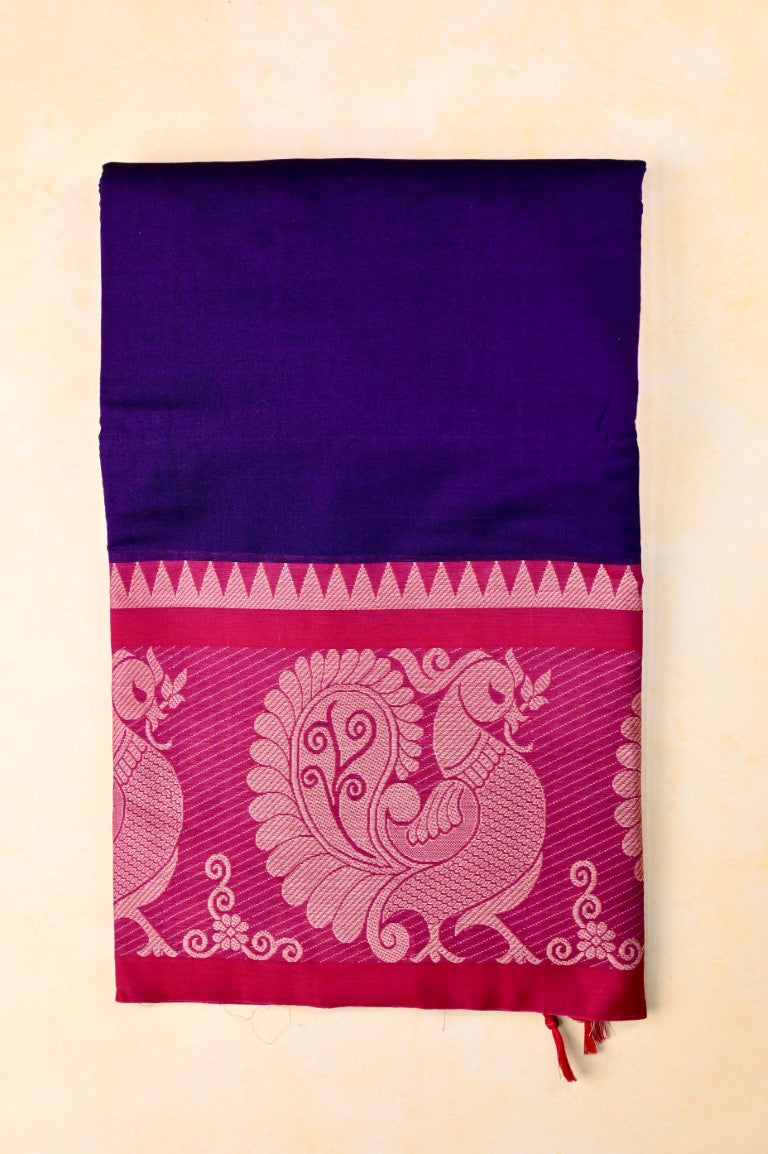 Narayanpet cotton saree blue and pink color with big thread border, short pallu and plain blouse.