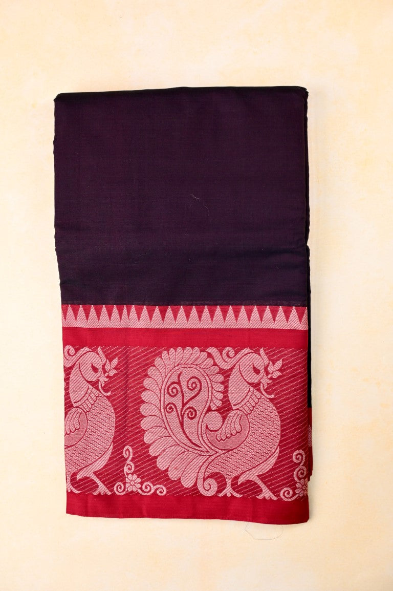 Narayanpet cotton saree dark brown and red color with big thread border, short pallu and plain blouse.