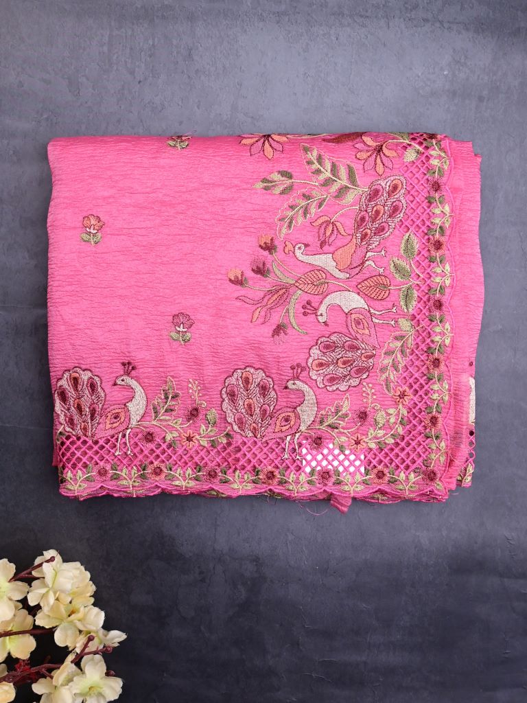 Organza crush fancy sarees rose pink color allover floral motifs & embroidery border with running pallu and attached plain blouse