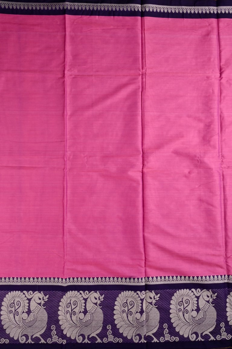 Narayanpet cotton saree pink and blue color with big thread border, short pallu and plain blouse.