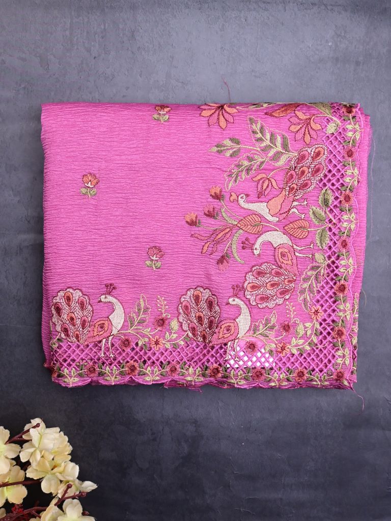 Organza crush fancy sarees onion pink color allover floral motifs & embroidery border with running pallu and attached plain blouse