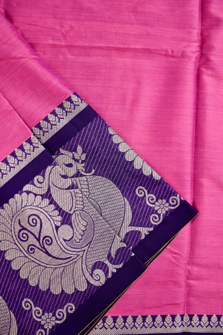 Narayanpet cotton saree pink and blue color with big thread border, short pallu and plain blouse.