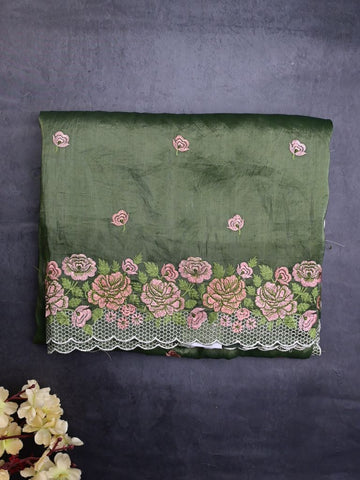 Soft organza fancy sarees olive green color allover floral motifs & embroidery border with running pallu and attached blouse