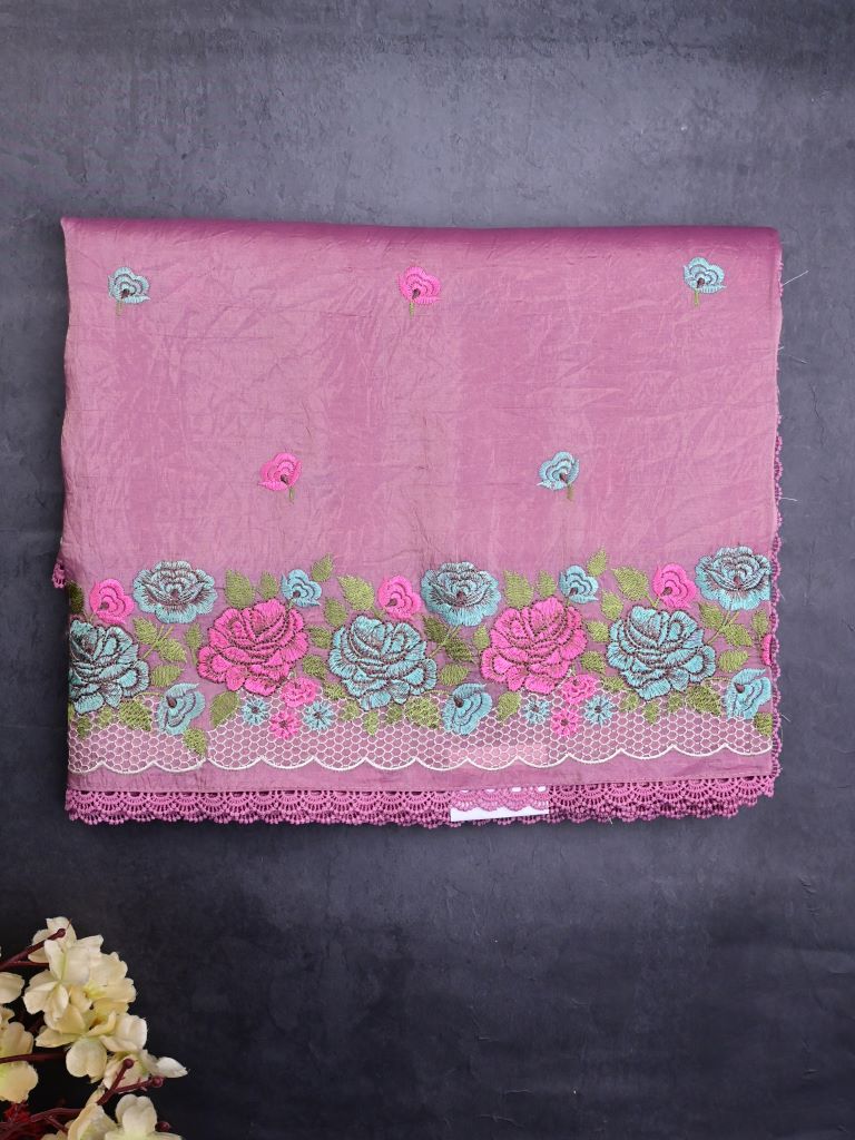 Soft organza fancy sarees onion pink color allover floral motifs & embroidery border with running pallu and attached blouse