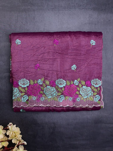 Soft organza fancy sarees dark wine color allover floral motifs & embroidery border with running pallu and attached blouse