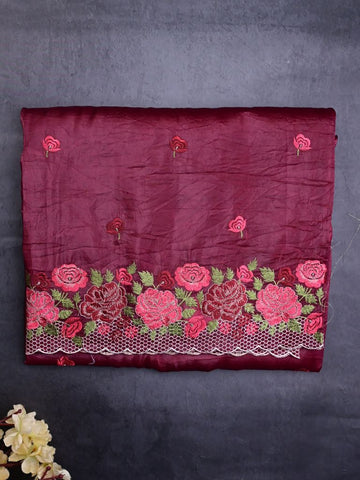 Soft organza fancy sarees maroon color allover floral motifs & embroidery border with running pallu and attached blouse