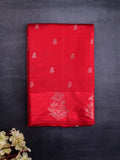 Chiniya fancy silk fancy saree red color allover zari motifs & zari border with short pallu and attached brocade blouse