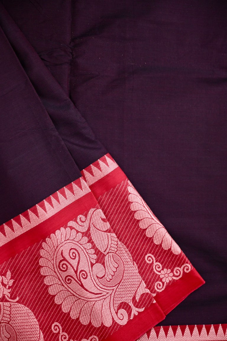 Narayanpet cotton saree dark brown and red color with big thread border, short pallu and plain blouse.