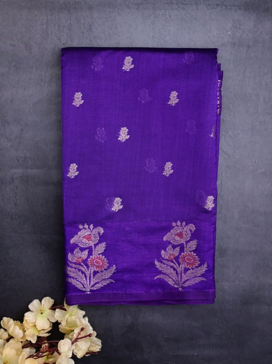 Chiniya fancy silk fancy saree violet color allover zari motifs & zari border with short pallu and attached brocade blouse