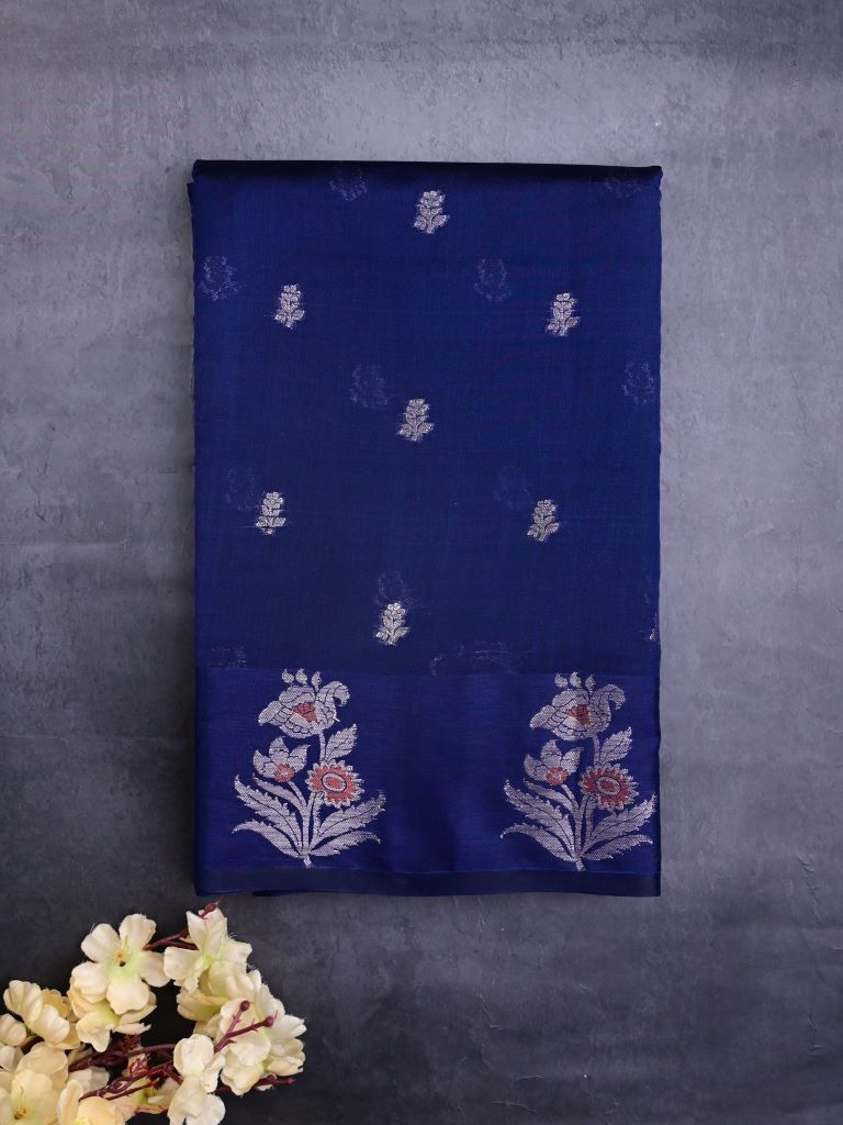 Chiniya fancy silk fancy saree navy blue color allover zari motifs & zari border with short pallu and attached brocade blouse