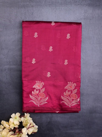 Chiniya fancy silk fancy saree maroon color allover zari motifs & zari border with short pallu and attached brocade blouse