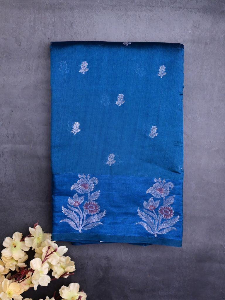 Chiniya fancy silk fancy saree royal blue color allover zari motifs & zari border with short pallu and attached brocade blouse