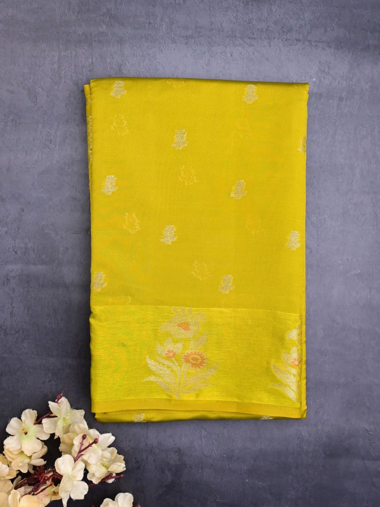 Chiniya fancy silk fancy saree mustard yellow color allover zari motifs & zari border with short pallu and attached brocade blouse