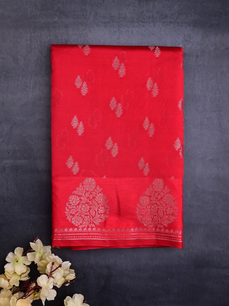 Chiniya silk fancy saree red color allover zari motifs & zari border with short pallu and attached brocade blouse