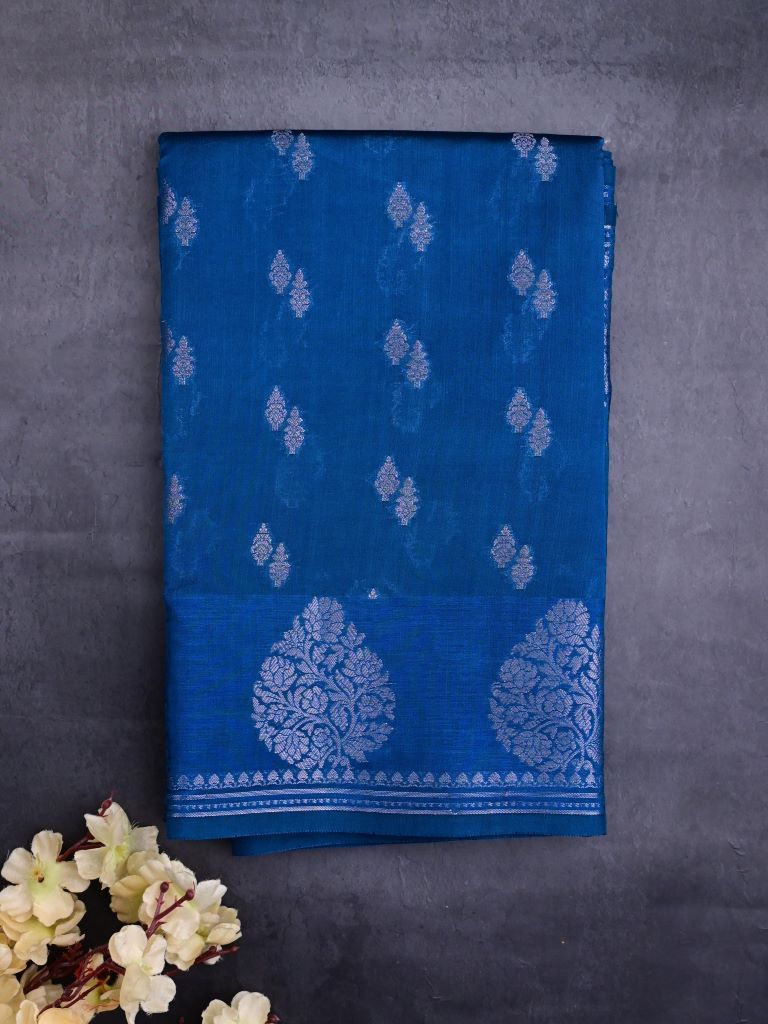 Chiniya silk fancy saree royal blue color allover zari motifs & zari border with short pallu and attached brocade blouse