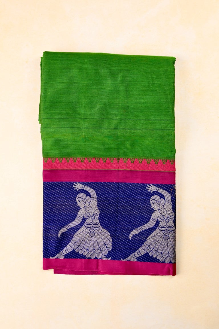 Narayanpet cotton saree leaf green and pink color with big thread border, short pallu and plain blouse.