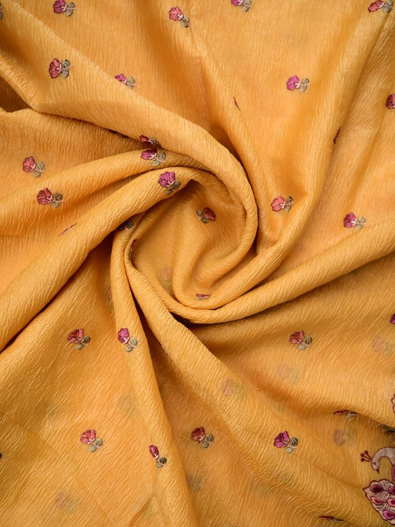 Organza crush fancy sarees golden yellow color allover floral motifs & embroidery border with running pallu and attached plain blouse