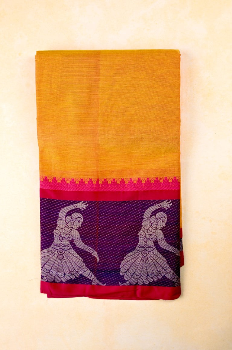 Narayanpet cotton saree yellow and pink color with big thread border, short pallu and plain blouse.