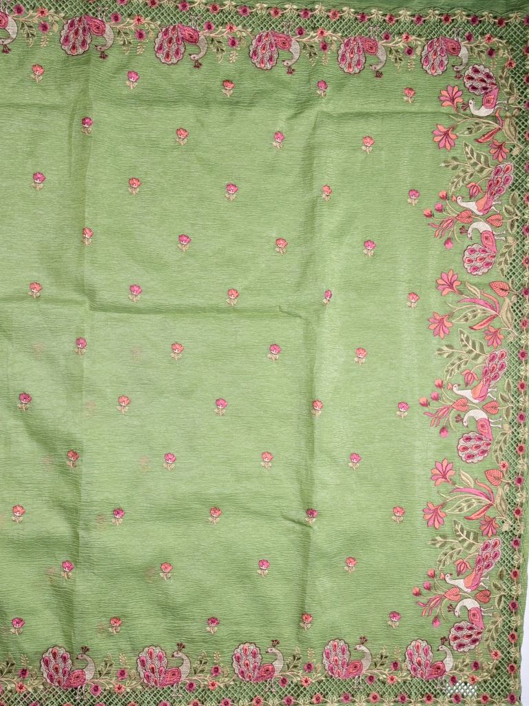 Organza crush fancy sarees light olive green color allover floral motifs & embroidery border with running pallu and attached plain blouse