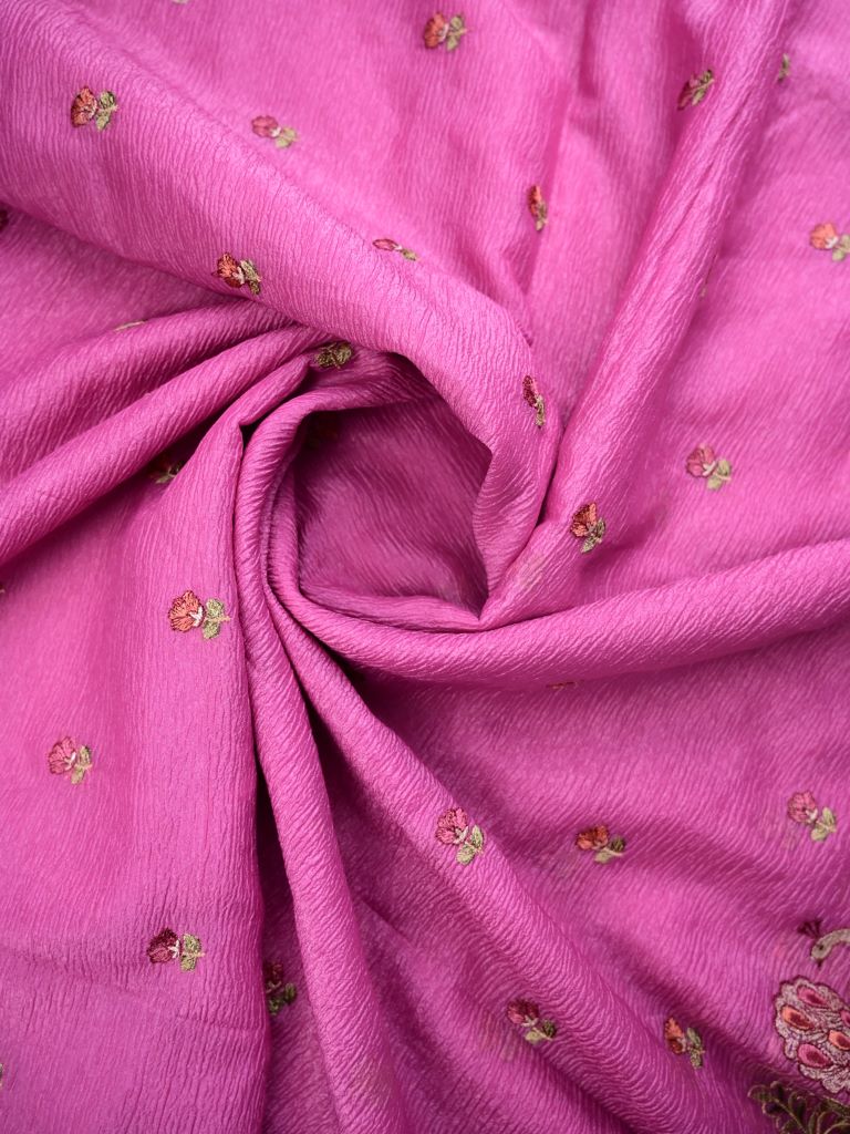 Organza crush fancy sarees onion pink color allover floral motifs & embroidery border with running pallu and attached plain blouse