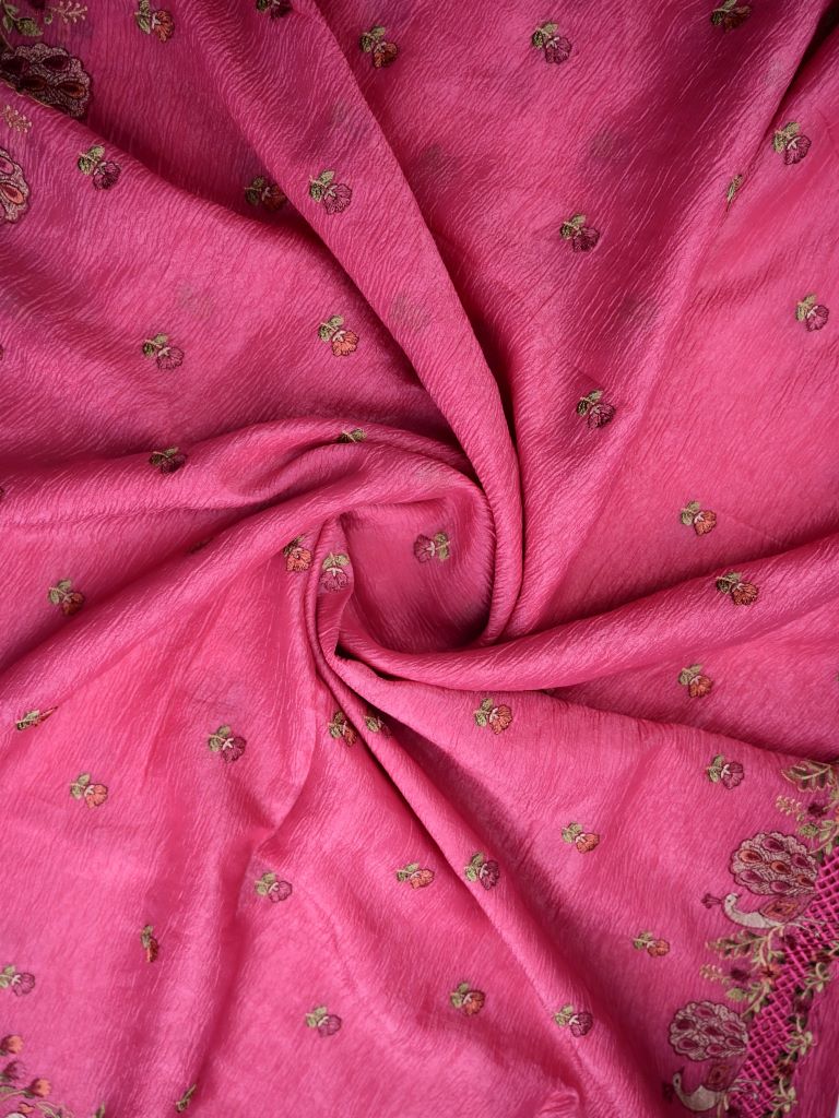 Organza crush fancy sarees rose pink color allover floral motifs & embroidery border with running pallu and attached plain blouse