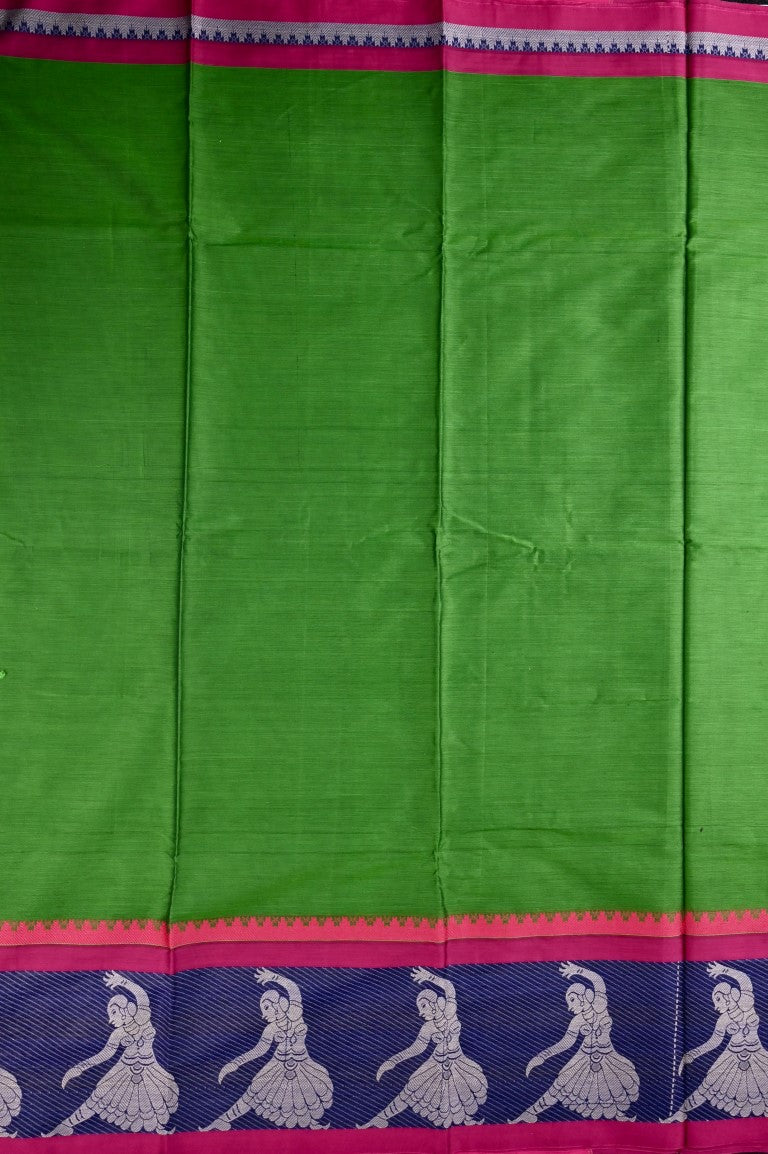 Narayanpet cotton saree leaf green and pink color with big thread border, short pallu and plain blouse.